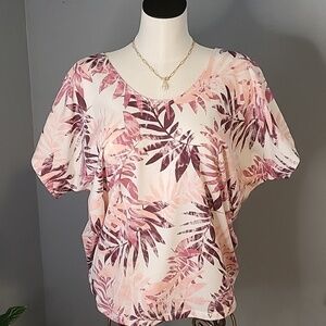 Kim & Cami Pullover Cap Sleeve Scoop Neck Pink & White Fern Print Top - Size L